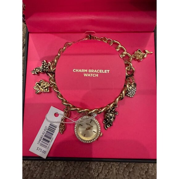 NWT Ed Hardy Gold Tone Charm Bracelet Round Watch Tattoo Charms - Picture 1 of 6